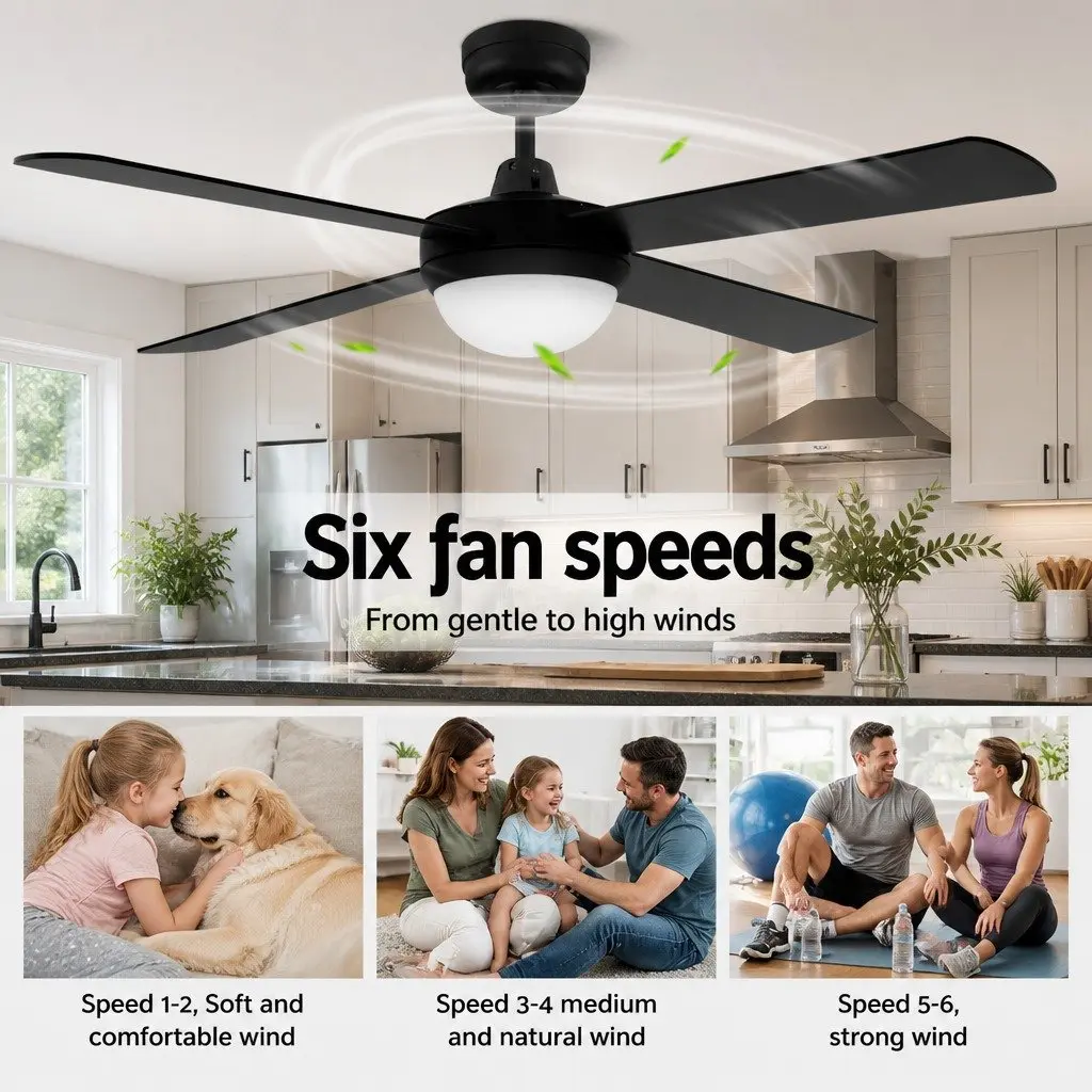 52 Inch Ceiling Fan DC Motor LED Light Remote Control 6 Speed Reverse Black