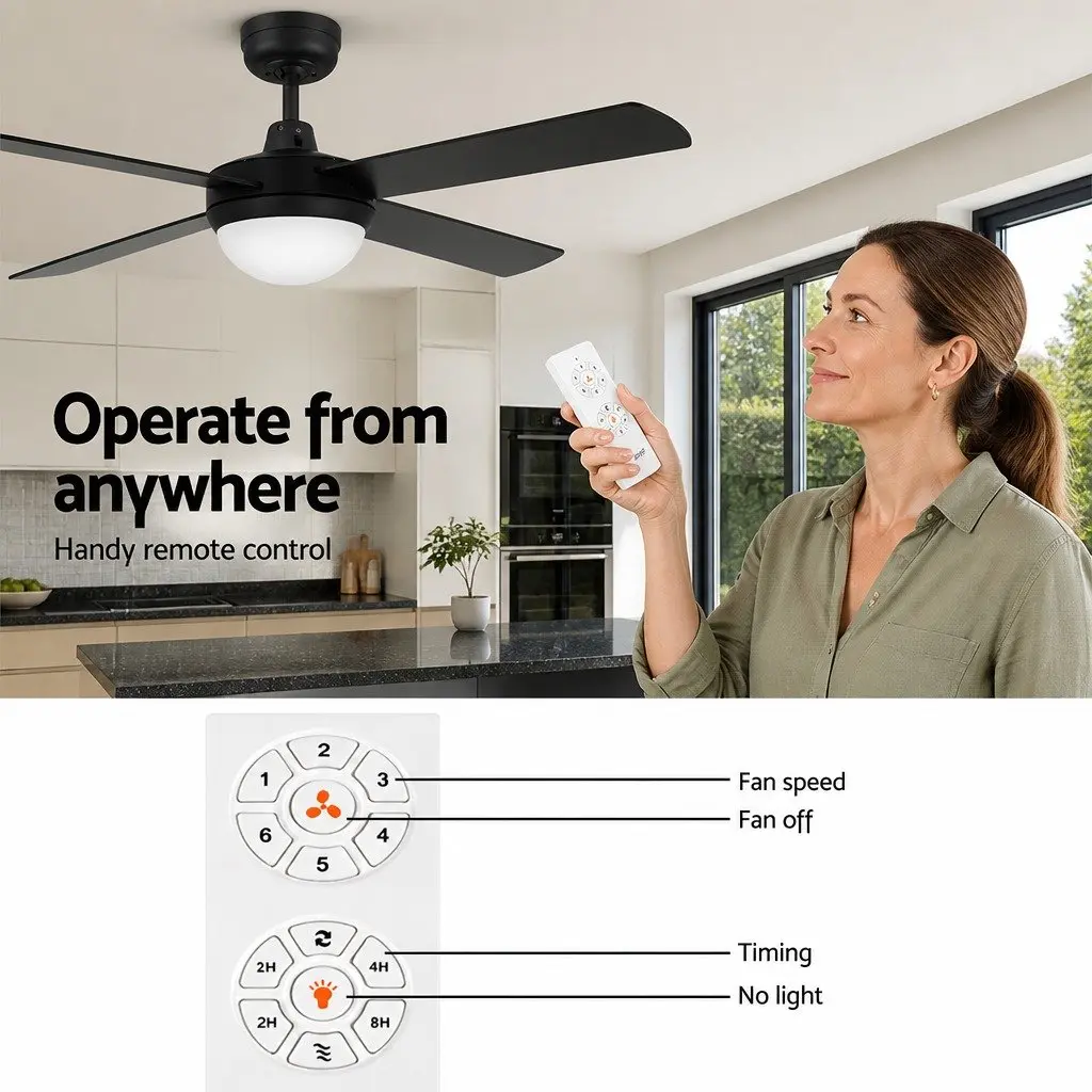 52 Inch Ceiling Fan DC Motor LED Light Remote Control 6 Speed Reverse Black