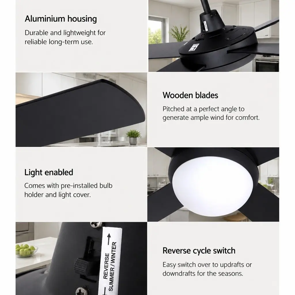 52 Inch Ceiling Fan DC Motor LED Light Remote Control 6 Speed Reverse Black
