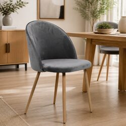 Dining Chairs Set: French Grey Velvet Upholstered, Steel Frame