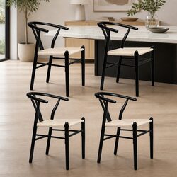4 Dining Chairs: Black Wooden Frame and Rattan Seats