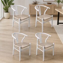 Dining Chair Set - 4 Wooden Chairs with Rattan Seating