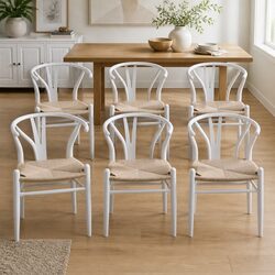 Dining Chairs Set of 6 - Solid Wood and Rattan, White