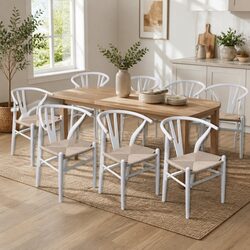 8 Dining Chairs: White Wooden Frame with Rattan Seat