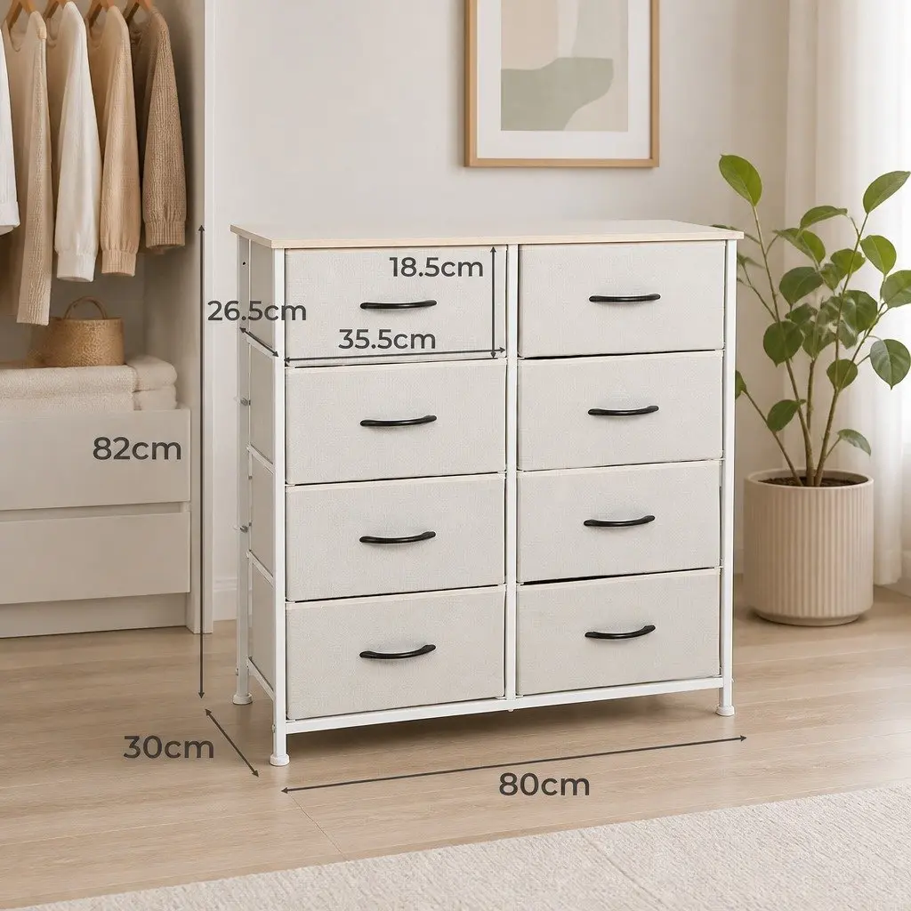 Storage Cabinet Tower Chest Beige 8 Drawers Bedroom Organiser Unit