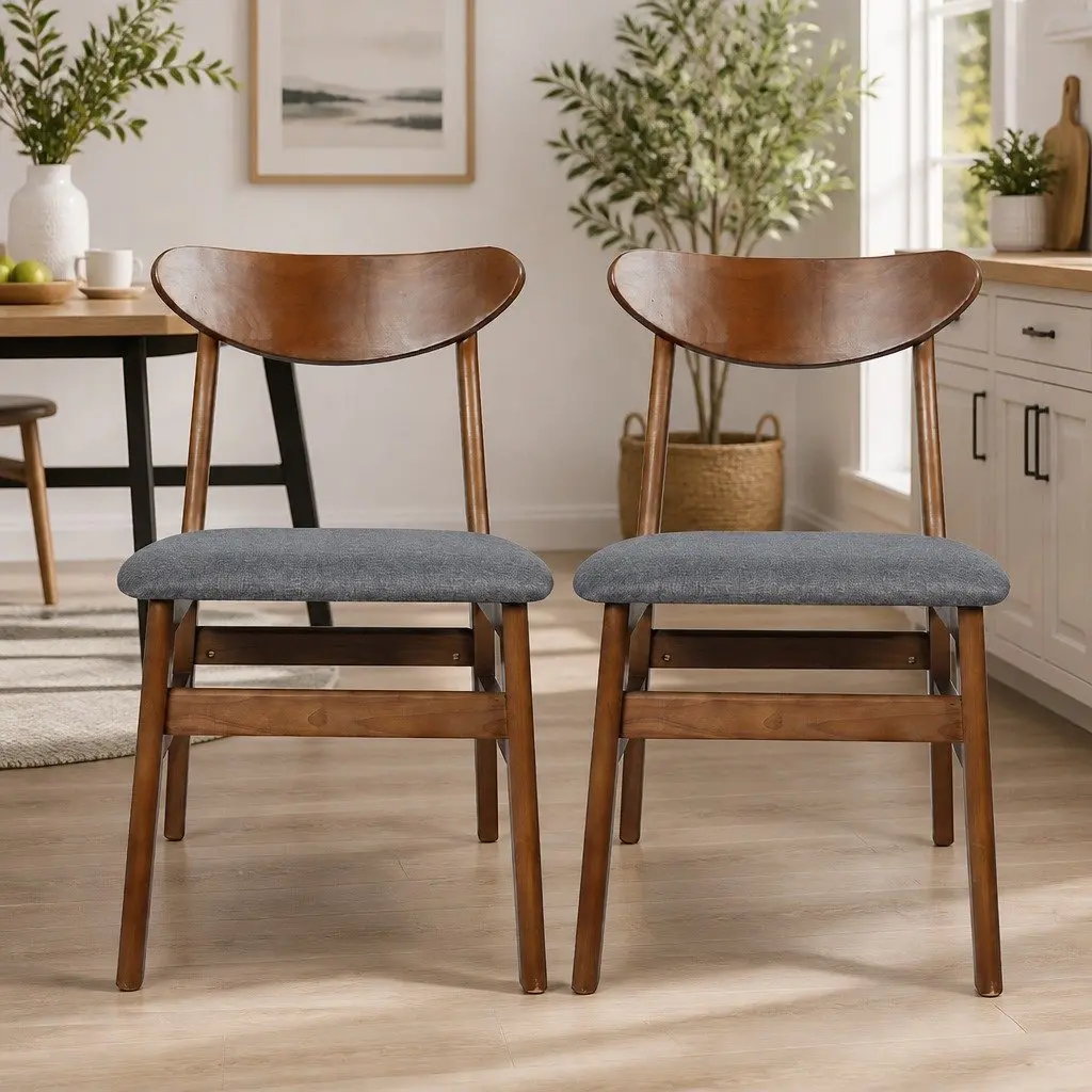 Dining Chairs Set of 6 Kitchen Seating Linen Upholstered Natural Wood Frame