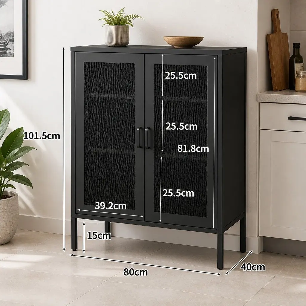 Storage Cabinet Kitchen Steel Black Mesh Doors Adjustable Shelves