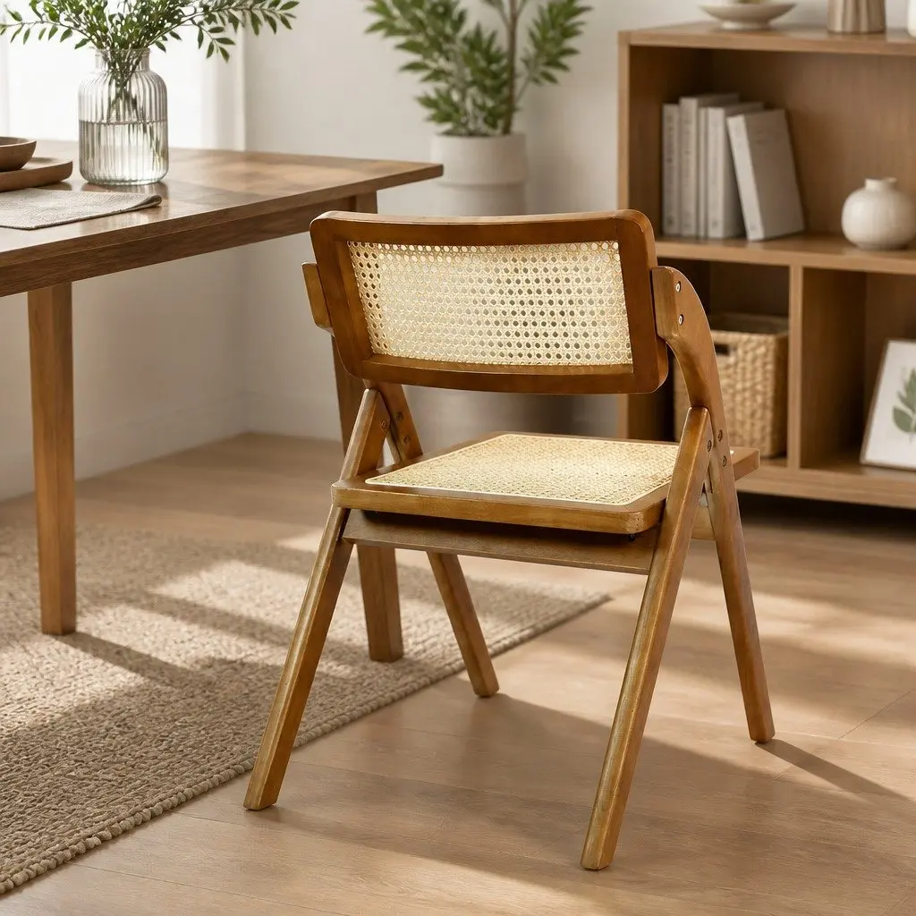 Foldable Rattan Dining Chairs for Dining Areas Set of 4 Walnut Wood Frame