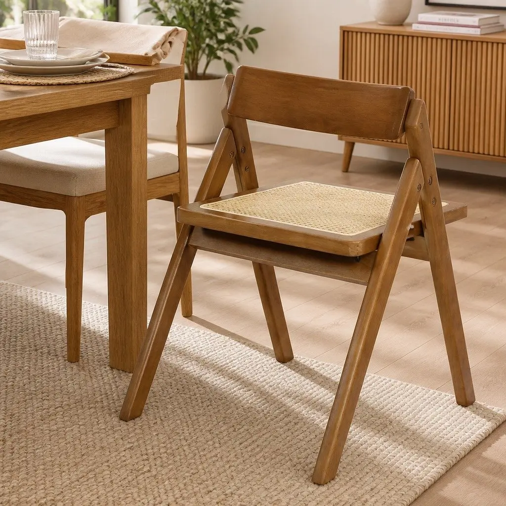 Foldable Rattan Dining Chairs for Dining Areas Set of 4 Walnut Wood Frame