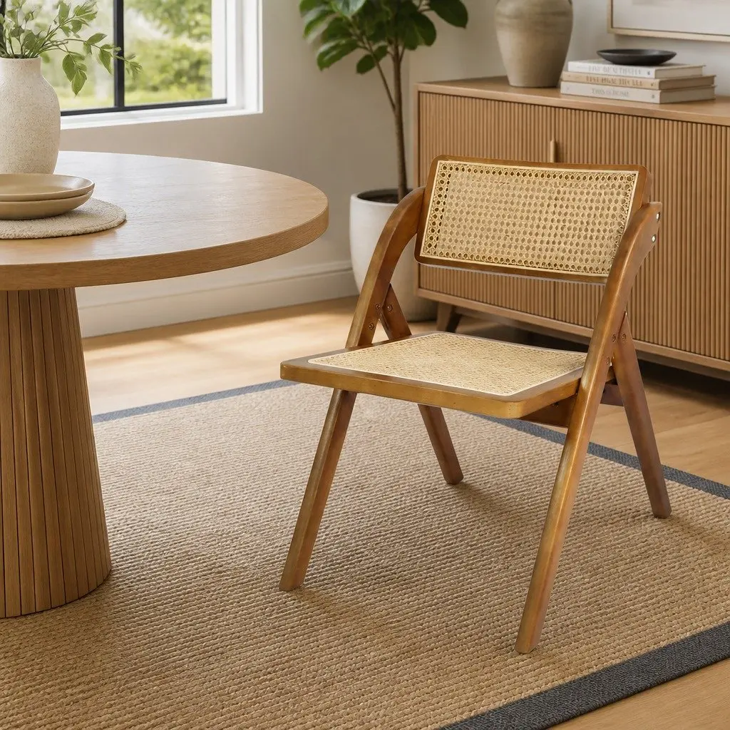 Foldable Rattan Dining Chairs for Dining Areas Set of 4 Walnut Wood Frame
