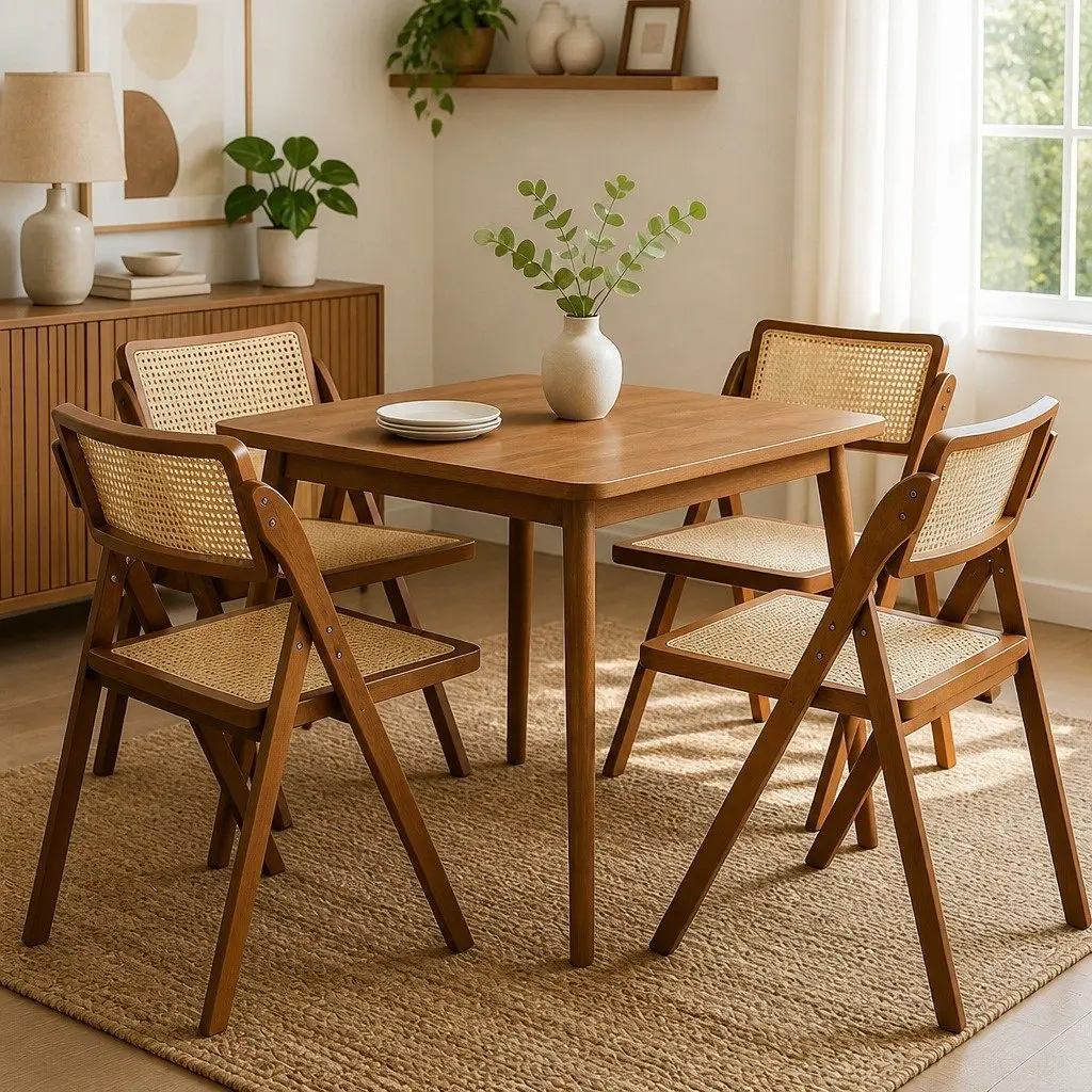 Foldable Rattan Dining Chairs for Dining Areas Set of 4 Walnut Wood Frame