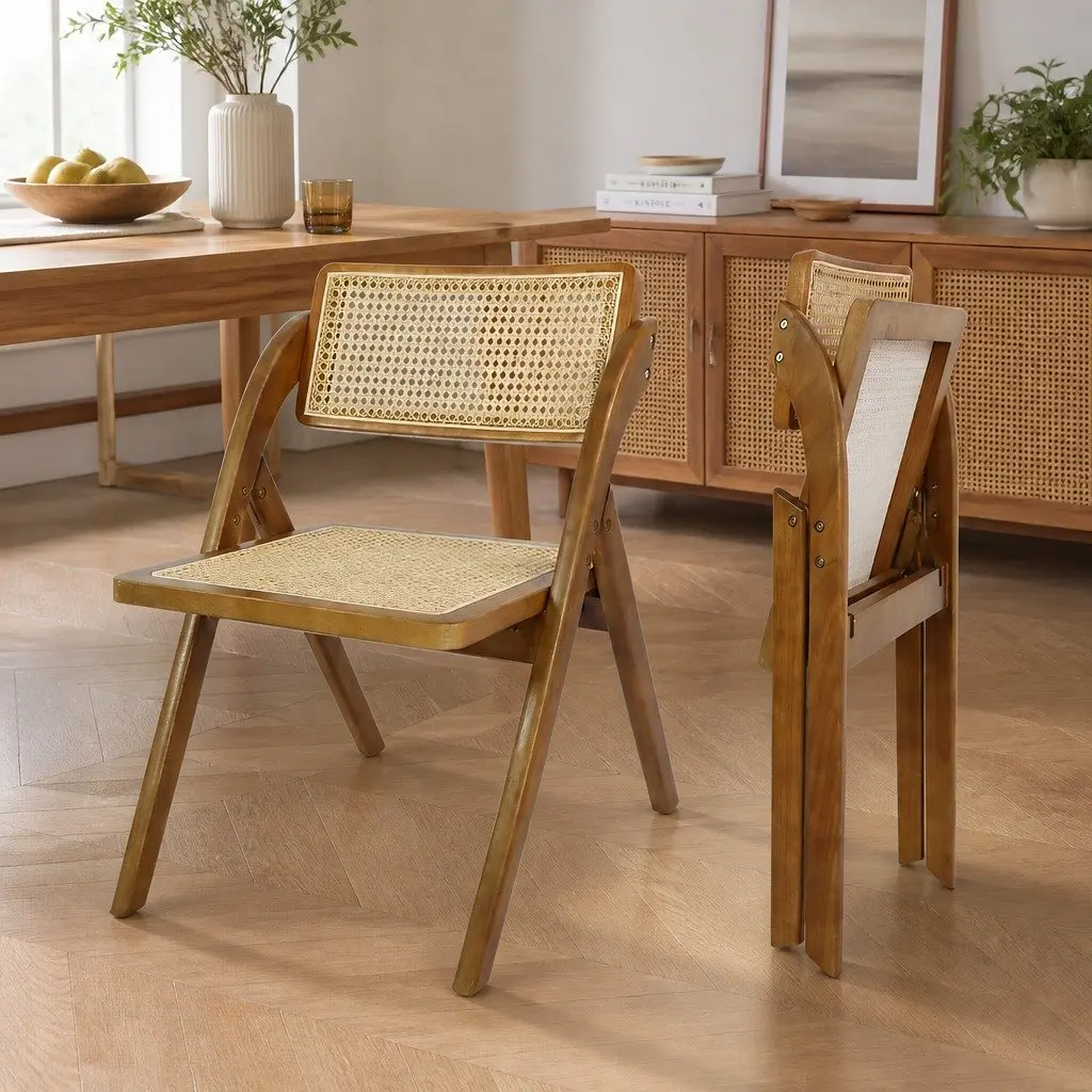 Foldable Rattan Dining Chairs for Dining Areas Set of 4 Walnut Wood Frame