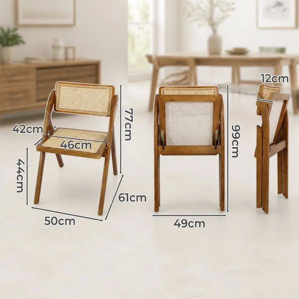 Foldable Dining Chairs Set of 6 for Lounge Use Rubber Wood Frame with Rattan Weaving Walnut