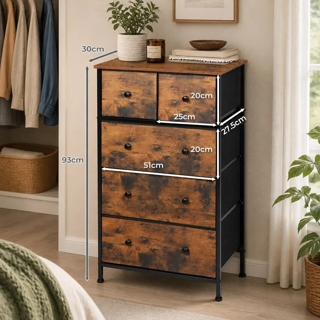 Storage Cabinet Tower Chest Bedroom Dresser Tallboy Organiser Unit 56cm W x 30cm D x 93cm H