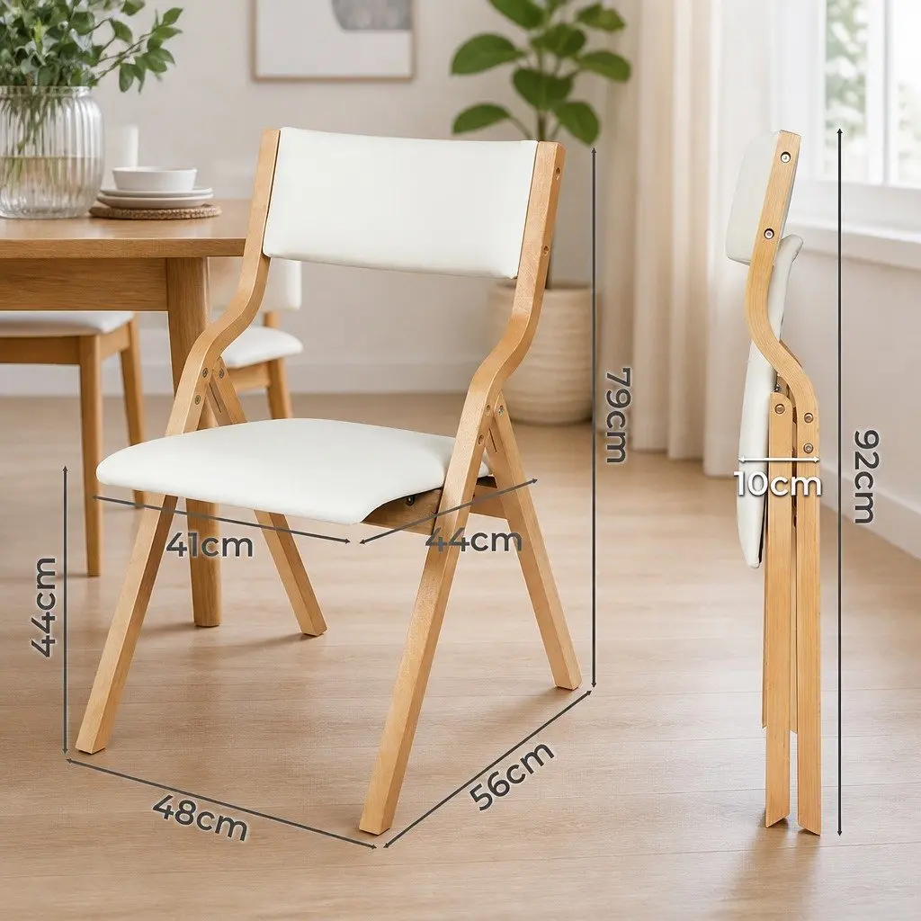 Foldable Dining Chairs PU Seat Solid Wood Frame Set of 2 Beige Kitchen Furniture