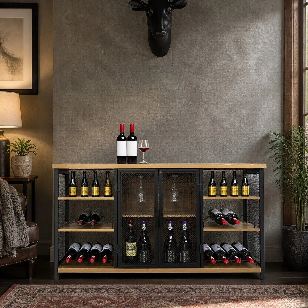 Industrial Bar Cabinet with Wine Rack