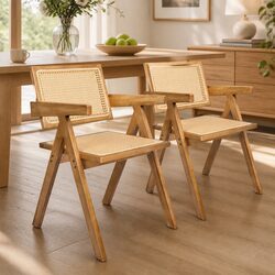 Dining Chairs with Rattan Weave, Solid Wood Frame - Set of 2