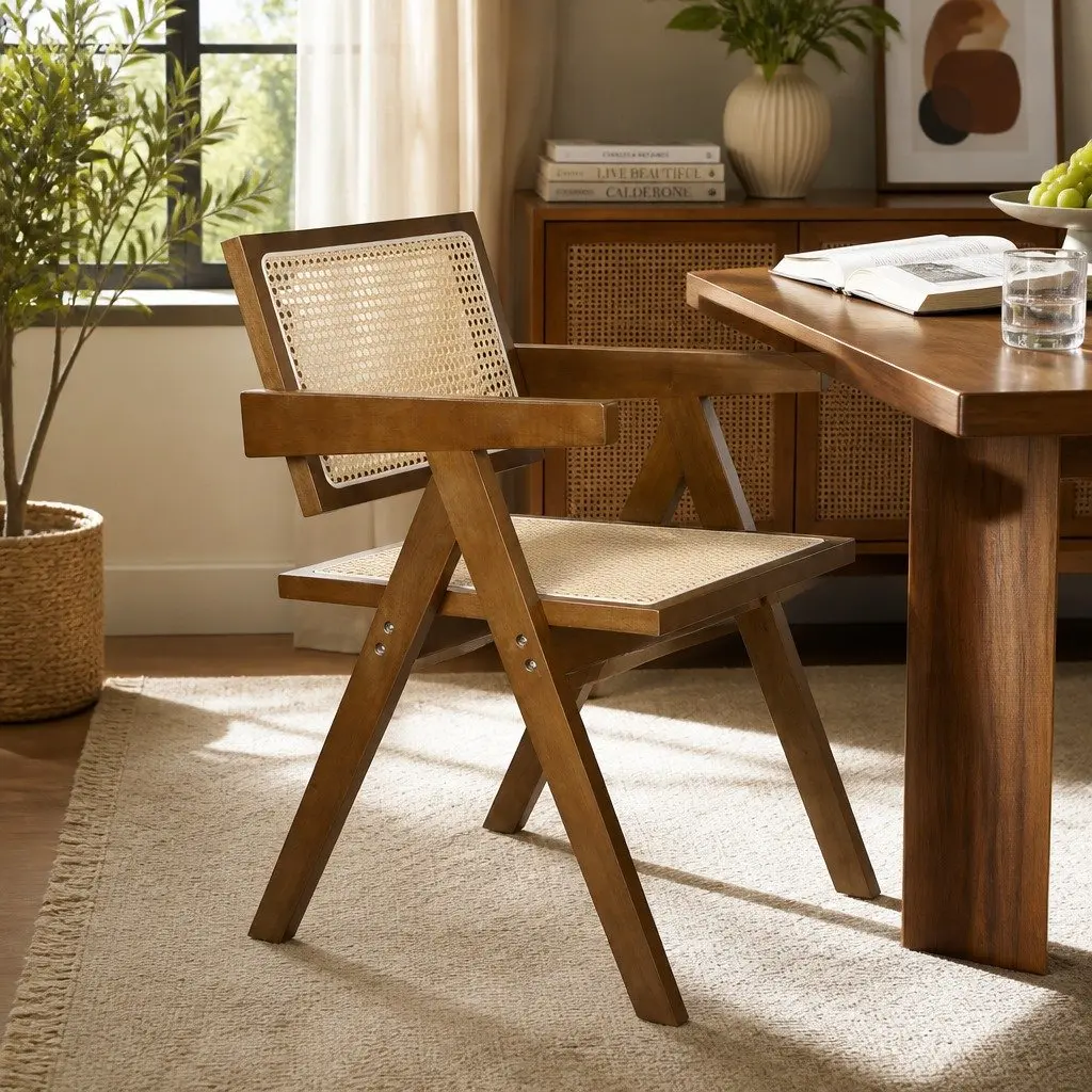 Wicker Dining Chair Rattan Walnut Wooden Seat Cushion Modern Home 51cm W x 57cm D x 80cm H
