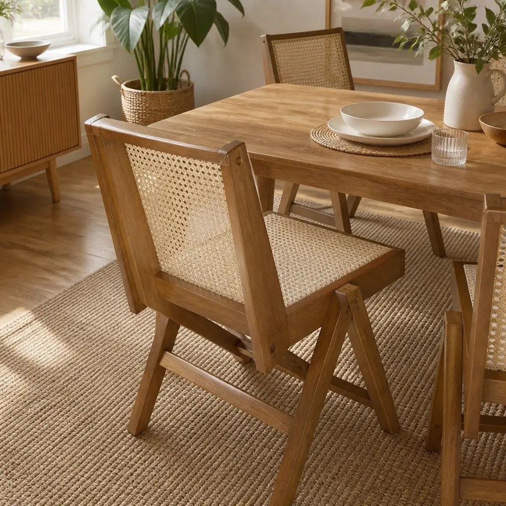 Wicker Dining Chair Rattan Walnut Wooden Seat Cushion Modern Home 51cm W x 57cm D x 80cm H