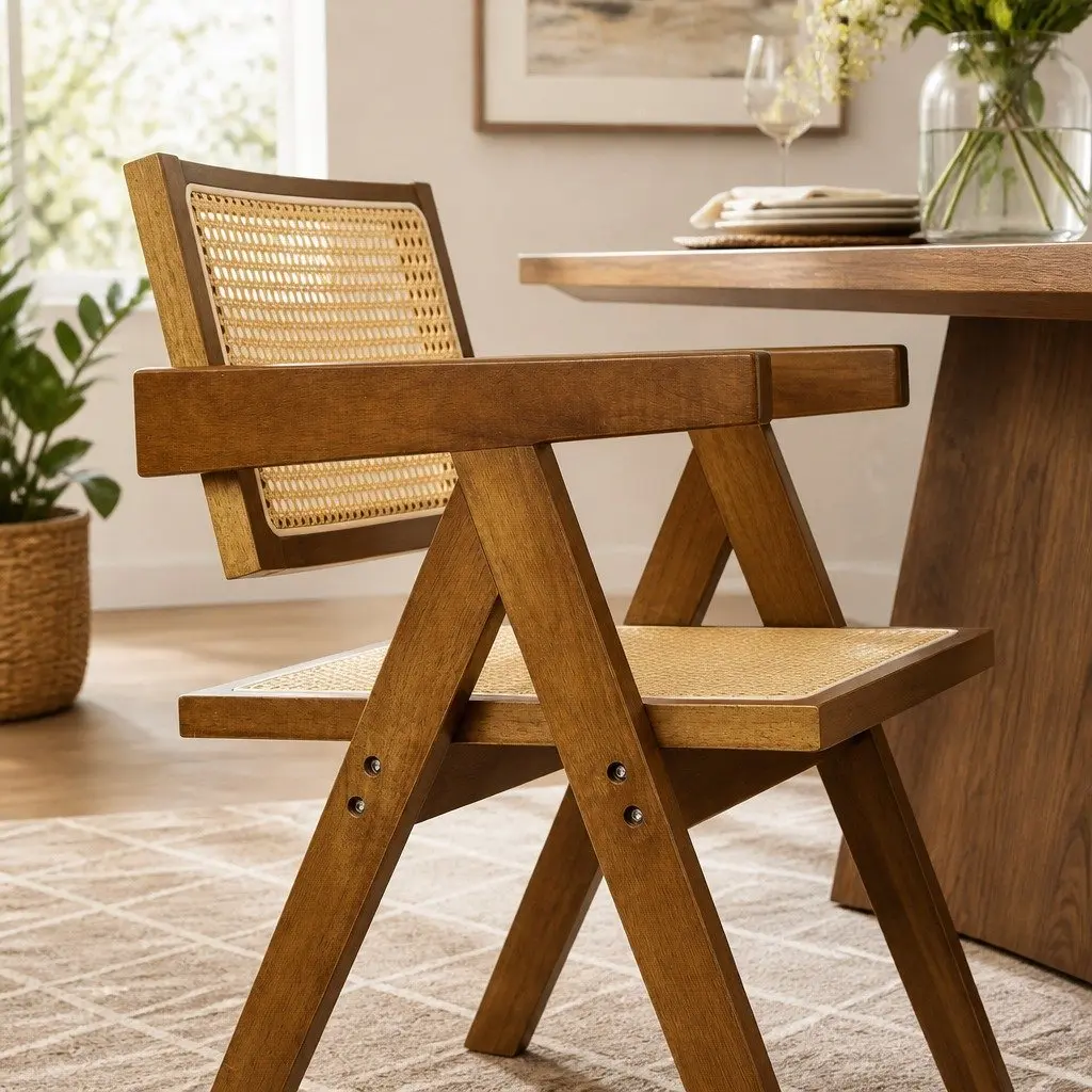Wicker Dining Chair Rattan Walnut Wooden Seat Cushion Modern Home 51cm W x 57cm D x 80cm H