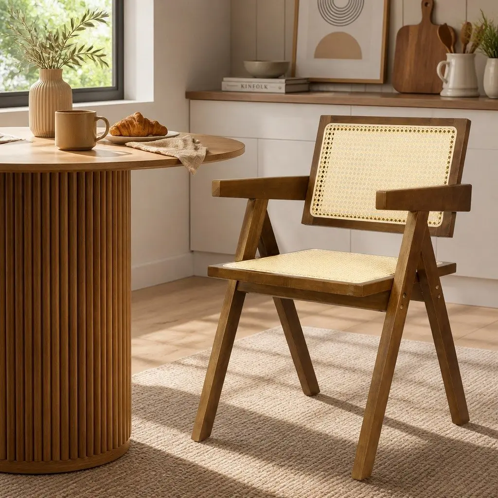 Wicker Dining Chair Rattan Walnut Wooden Seat Cushion Modern Home 51cm W x 57cm D x 80cm H
