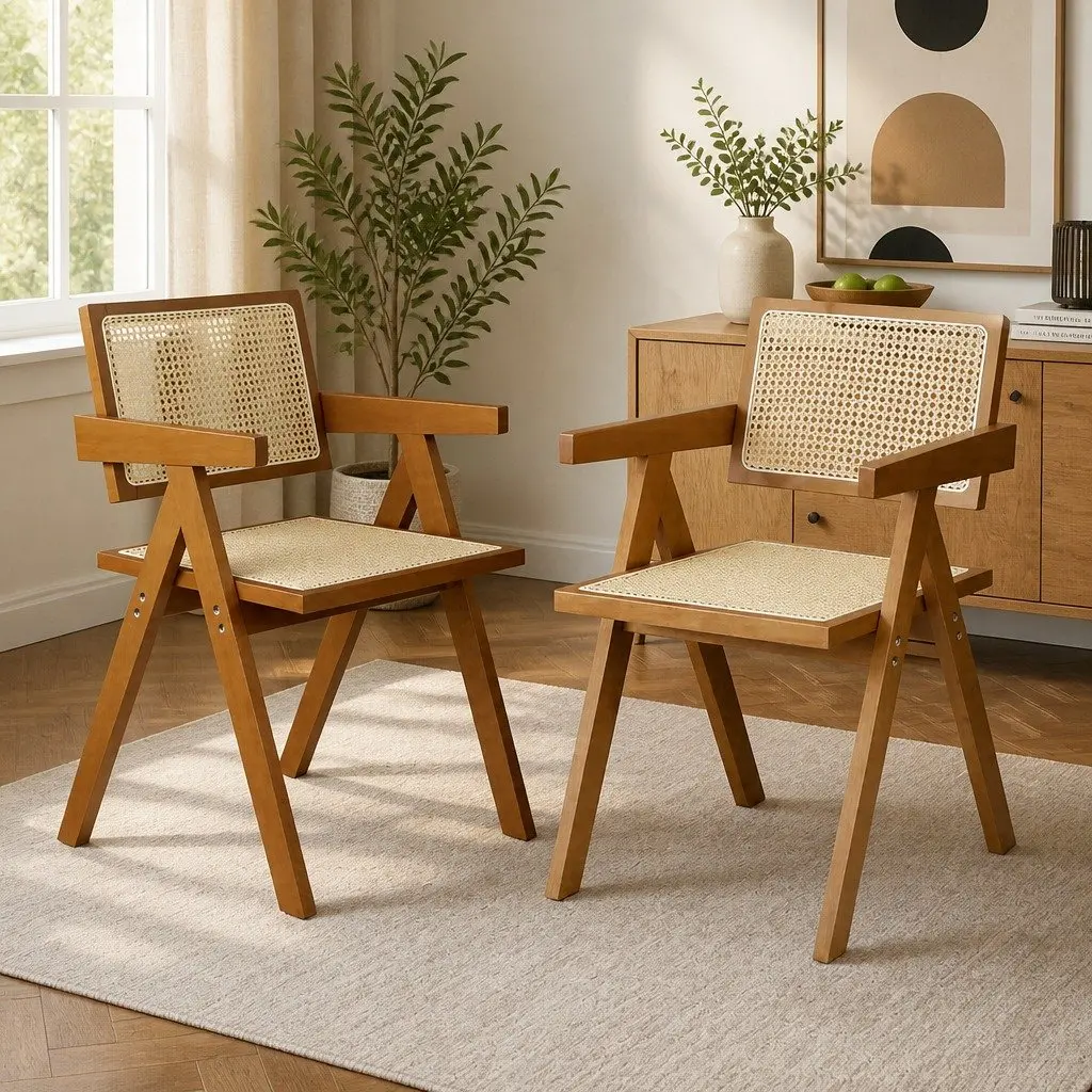 Wicker Dining Chair Rattan Walnut Wooden Seat Cushion Modern Home 51cm W x 57cm D x 80cm H
