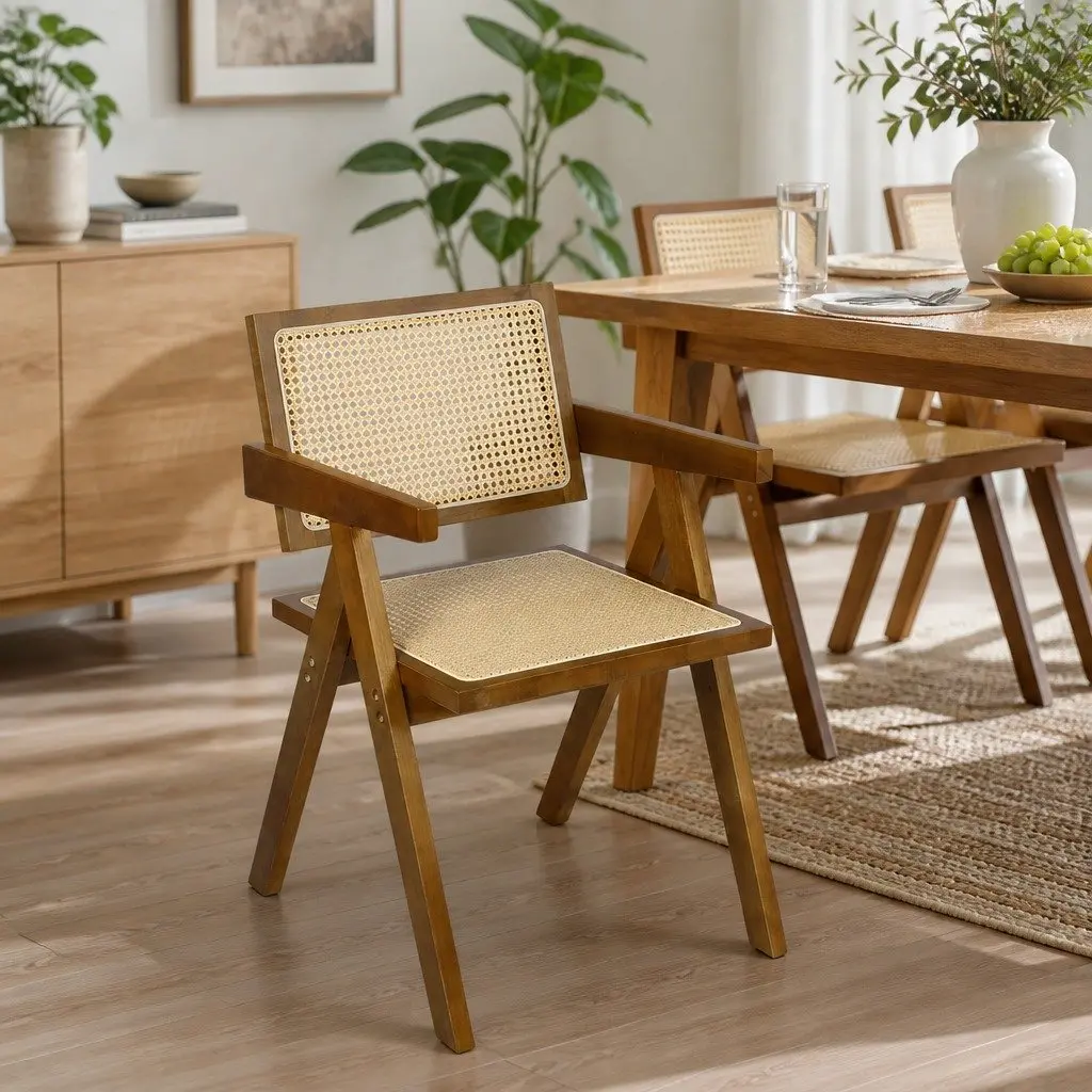 Wicker Dining Chair Rattan Walnut Wooden Seat Cushion Modern Home 51cm W x 57cm D x 80cm H