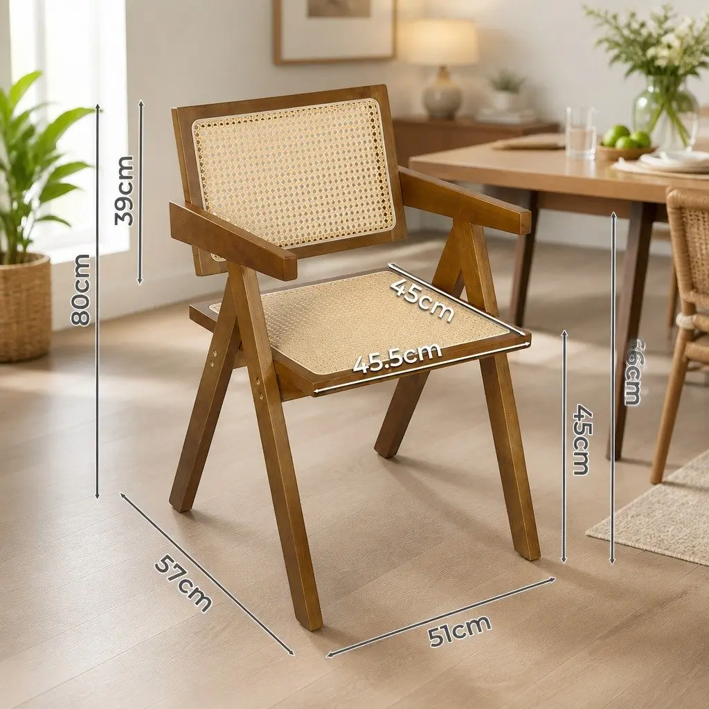 Dining Chair with Armrest for Kitchen Walnut Rattan Wooden Seat