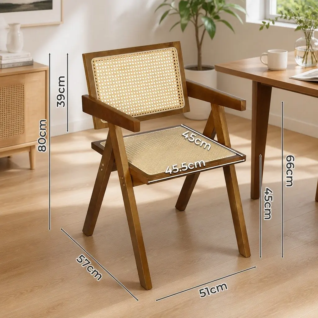 Dining Chair Rattan Weave Wooden Frame Walnut Retro Kitchen Seat