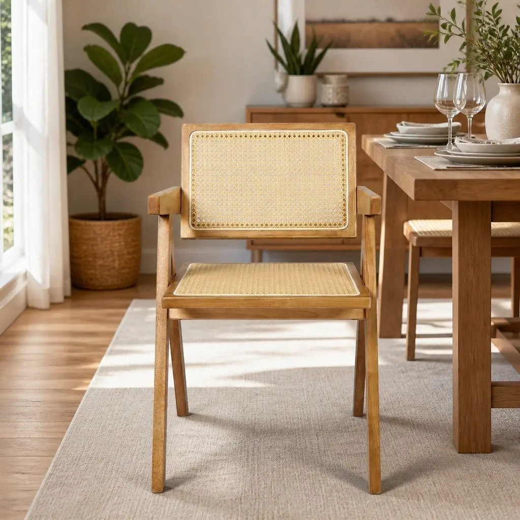 Dining Chair Solid Rubber Wood Rattan Weave Natural Seat Cushion 100kg Capacity
