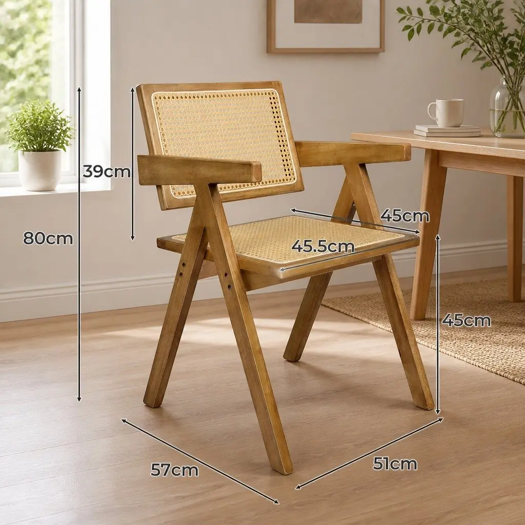 Dining Chair Solid Rubber Wood Rattan Weave Natural Seat Cushion 100kg Capacity