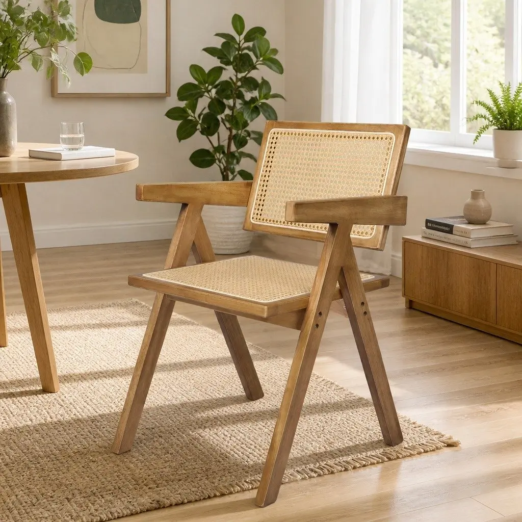 Dining Chair Solid Rubber Wood Rattan Weave Natural Seat Cushion 100kg Capacity
