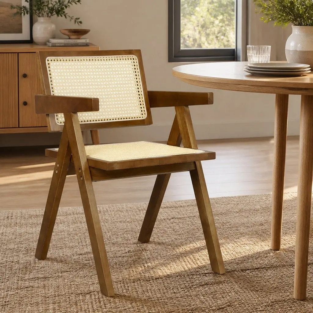 Dining Chair Armchair Wooden Rattan Seat Walnut Natural Black Indoor Furniture