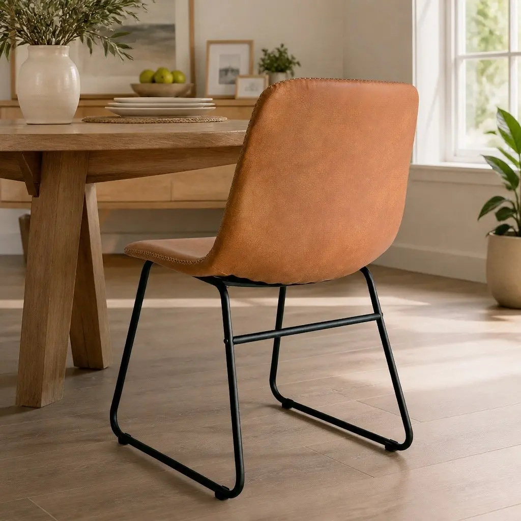 Dining Chairs Set of 2 Kitchen Faux Leather Brown Sleigh Legs