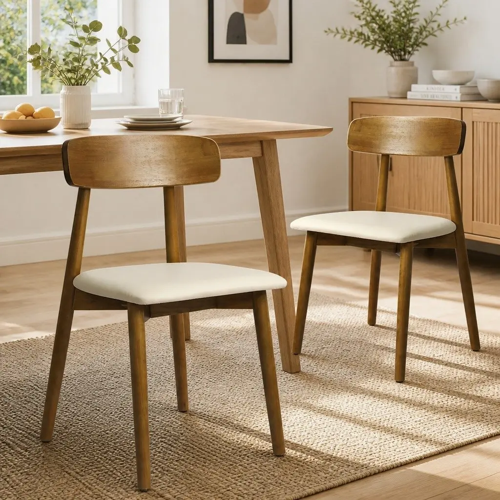 Dining Chairs Set of 4 Kitchen Rubberwood PU Leather Ergonomic Curved