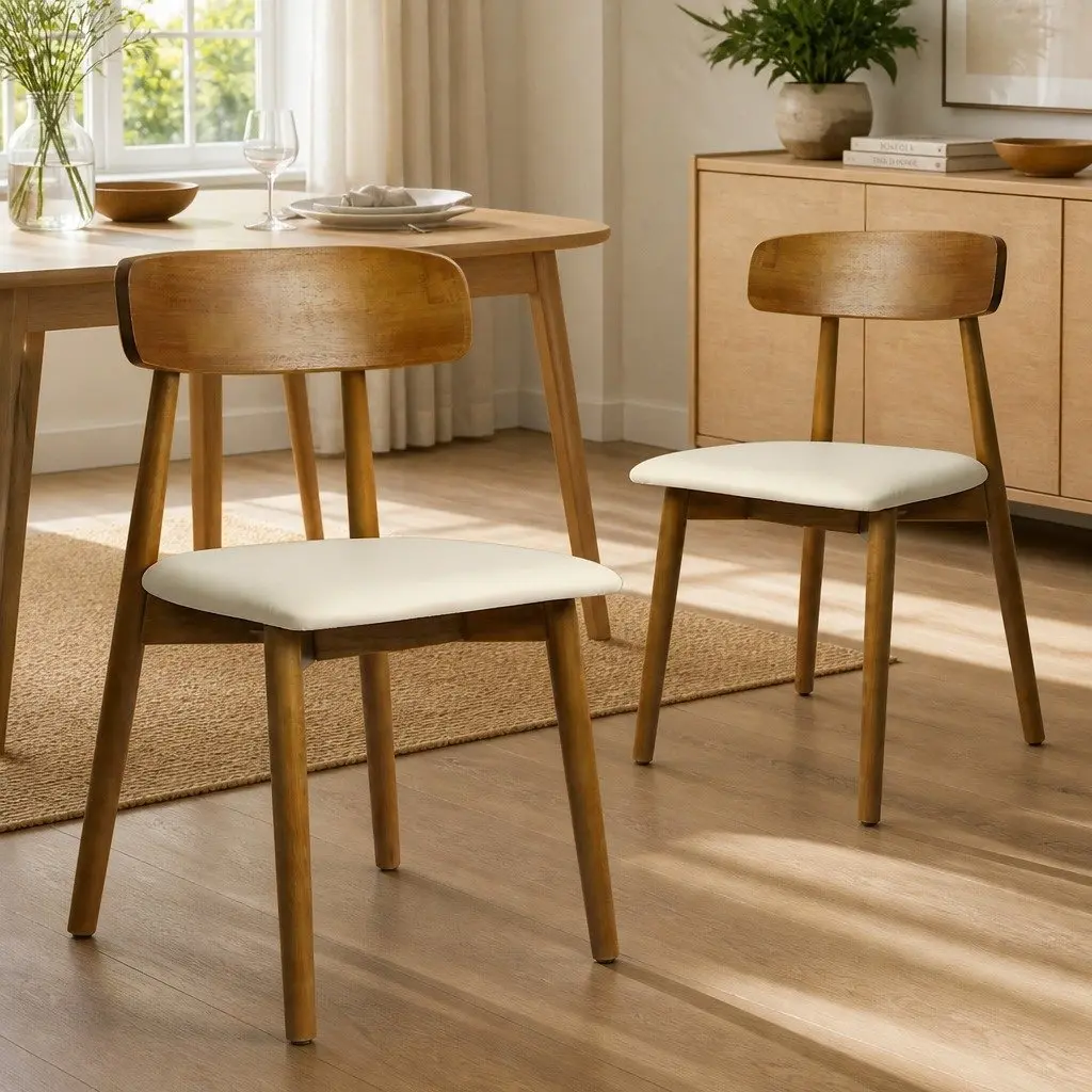 Dining Chairs Set of 6 Kitchen Seat Rubber Wood PU Leather Curved Backrest