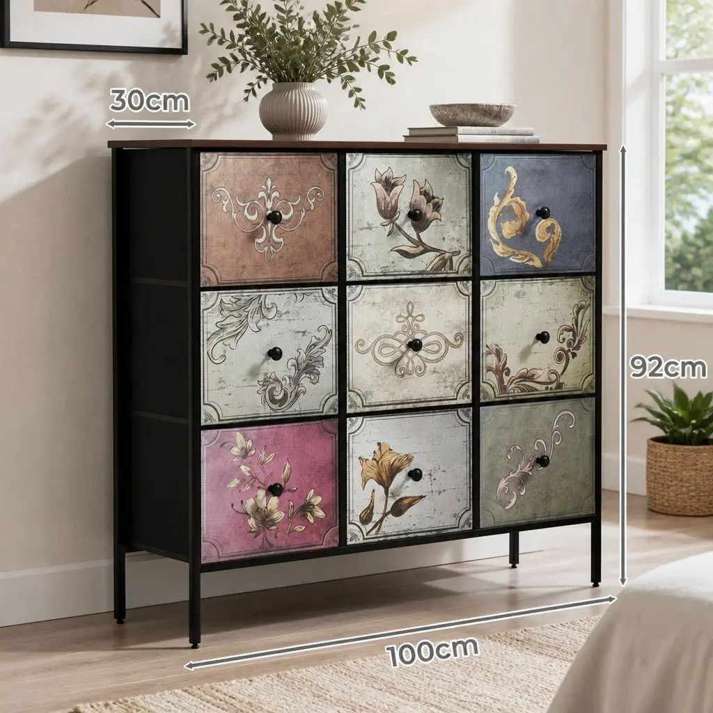 9 Drawer Chest of Drawers Storage Cabinet Vintage Tallboy Dresser Bedroom Unit 100cm x 30cm x 92cm