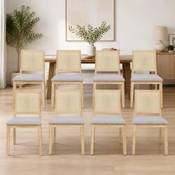 Dining Chairs Set of 8 Armless Rattan Weave Upholstered Seat Natural Wood Frame
