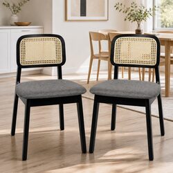 Rattan Dining Chair Pair with Wooden Frame, Black
