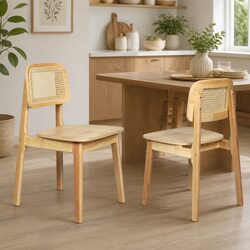Cane Rattan Back Dining Chairs Set - Solid Wood Frame