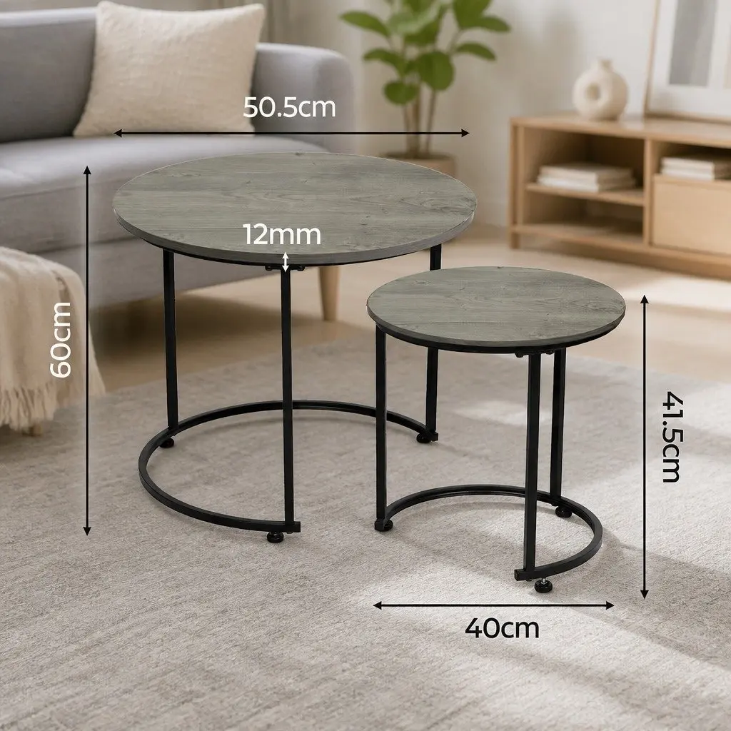 Round Nesting Coffee Table Set Wood Side Table Space Saving Living Room Accent