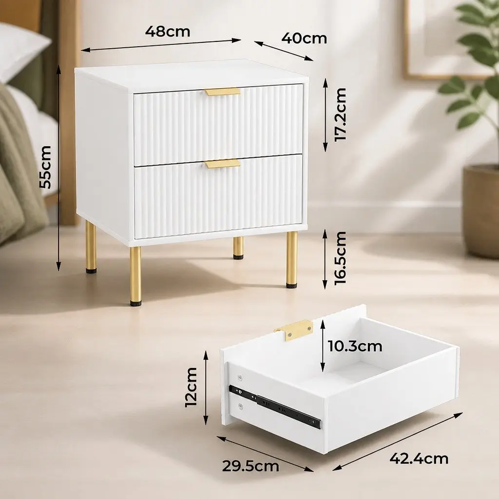 Bedside Table with 2 Drawers White Metal Legs Nightstand Storage Organiser