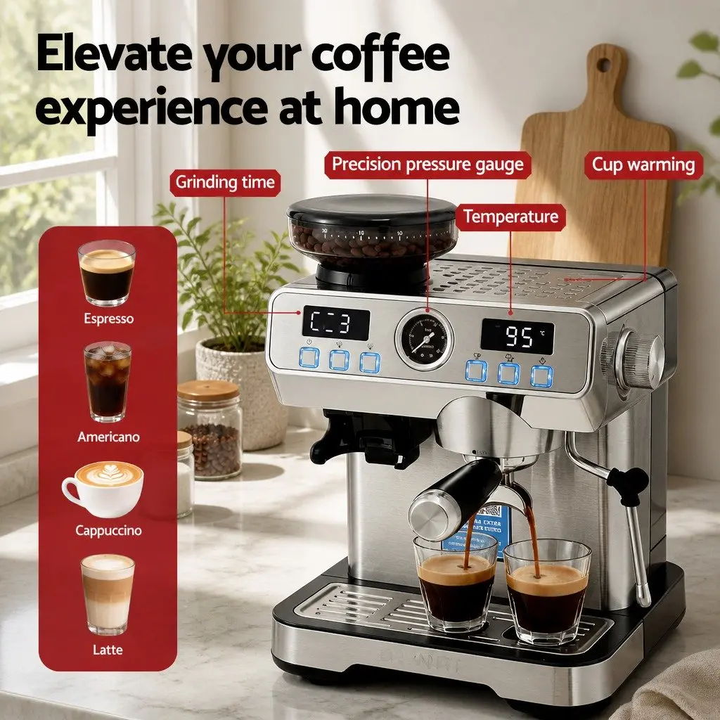Espresso Coffee Machine with Grinder Milk Frother Steam Wand Mug Warmer Silver