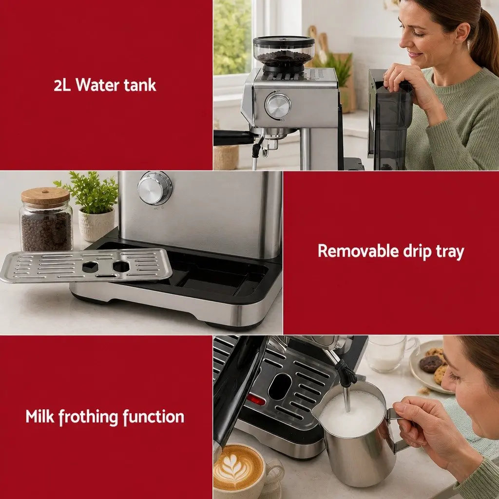 Espresso Coffee Machine with Grinder Milk Frother Steam Wand Mug Warmer Silver
