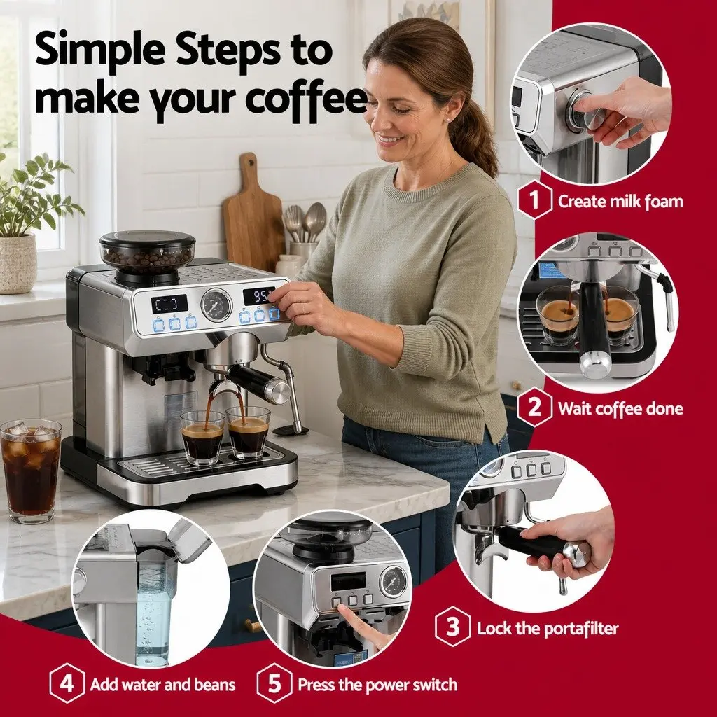 Espresso Coffee Machine with Grinder Milk Frother Steam Wand Mug Warmer Silver