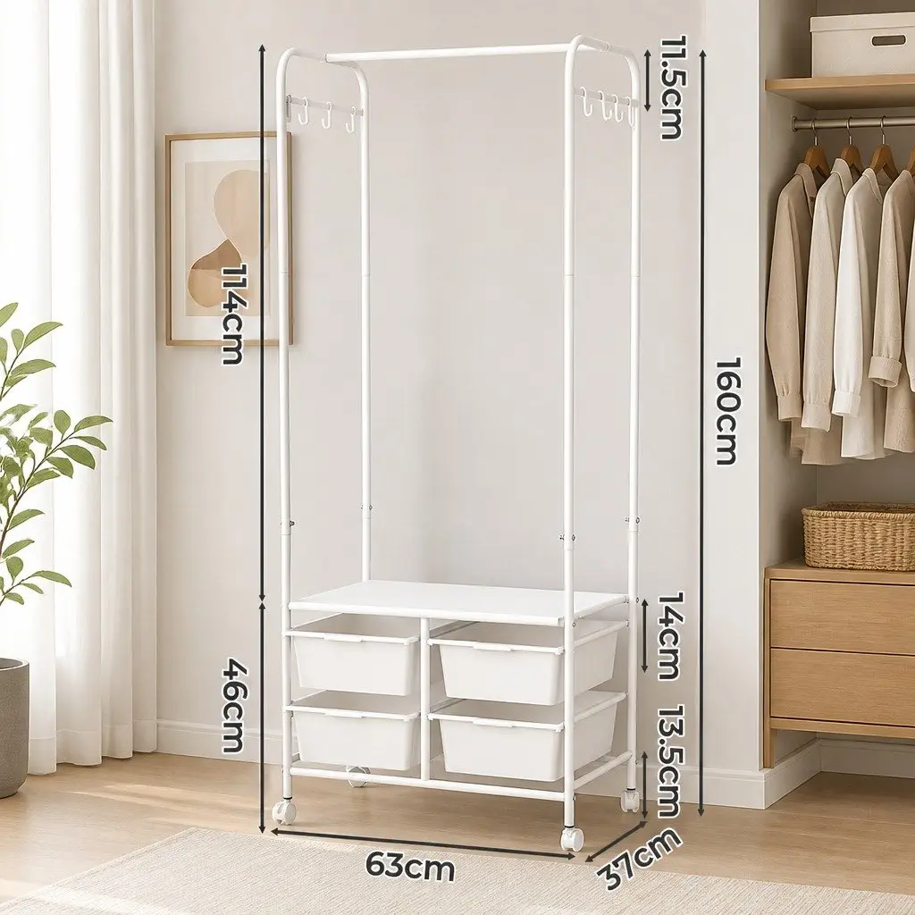 Clothes Rack Stand 63CM Horizontal Bar Storage Boxes Side Hooks Shoe Shelf