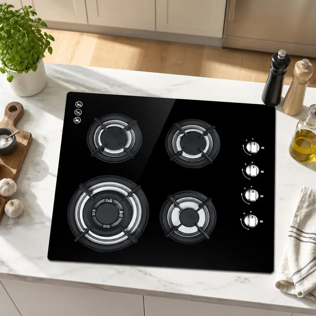 Gas Cooktop 60cm Black Stove Hob 4 Burner Built-in Kitchen Cooking Appliance