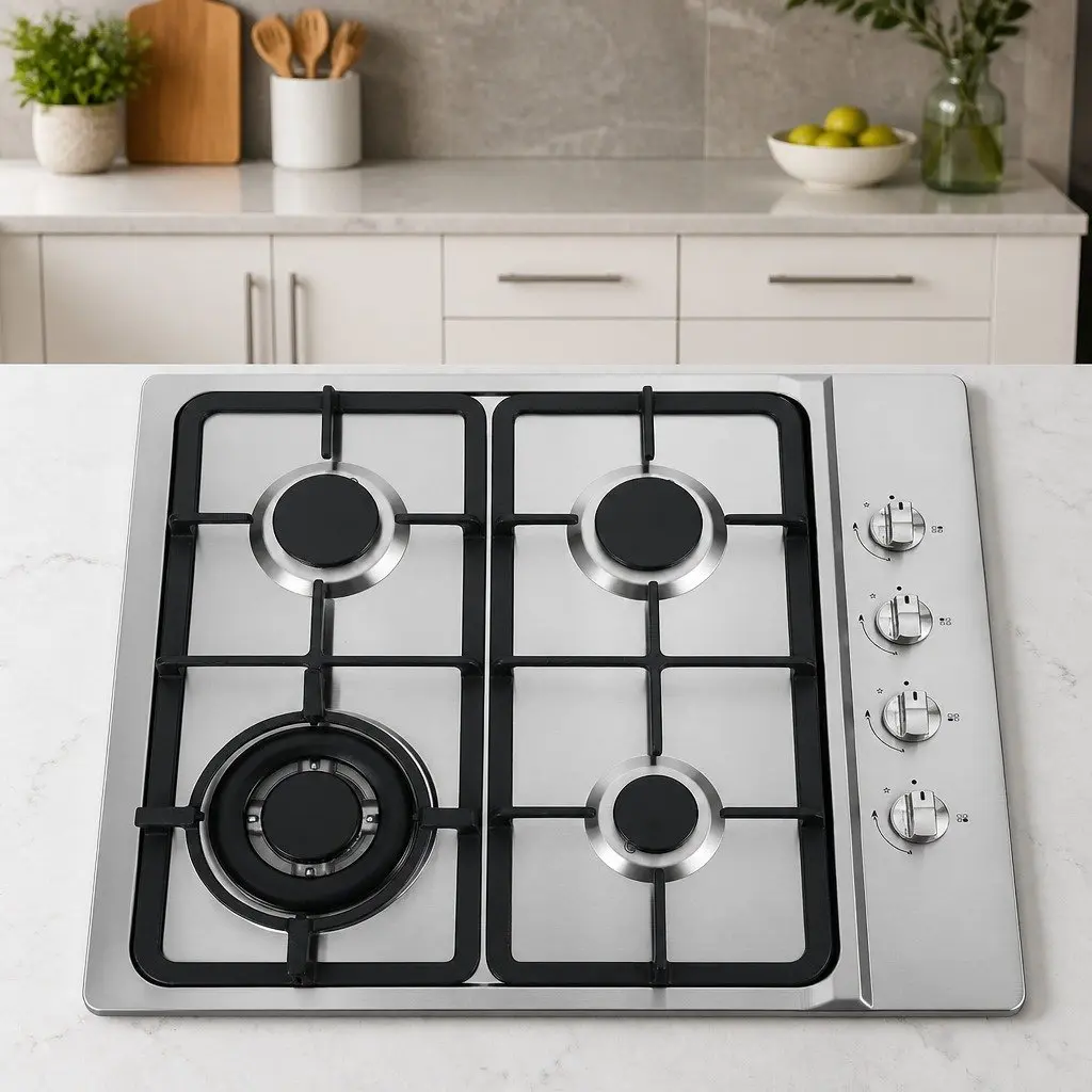 60cm Gas Cooktop 4 Burner Built-in Hob Stainless Steel Stove Knob Silver