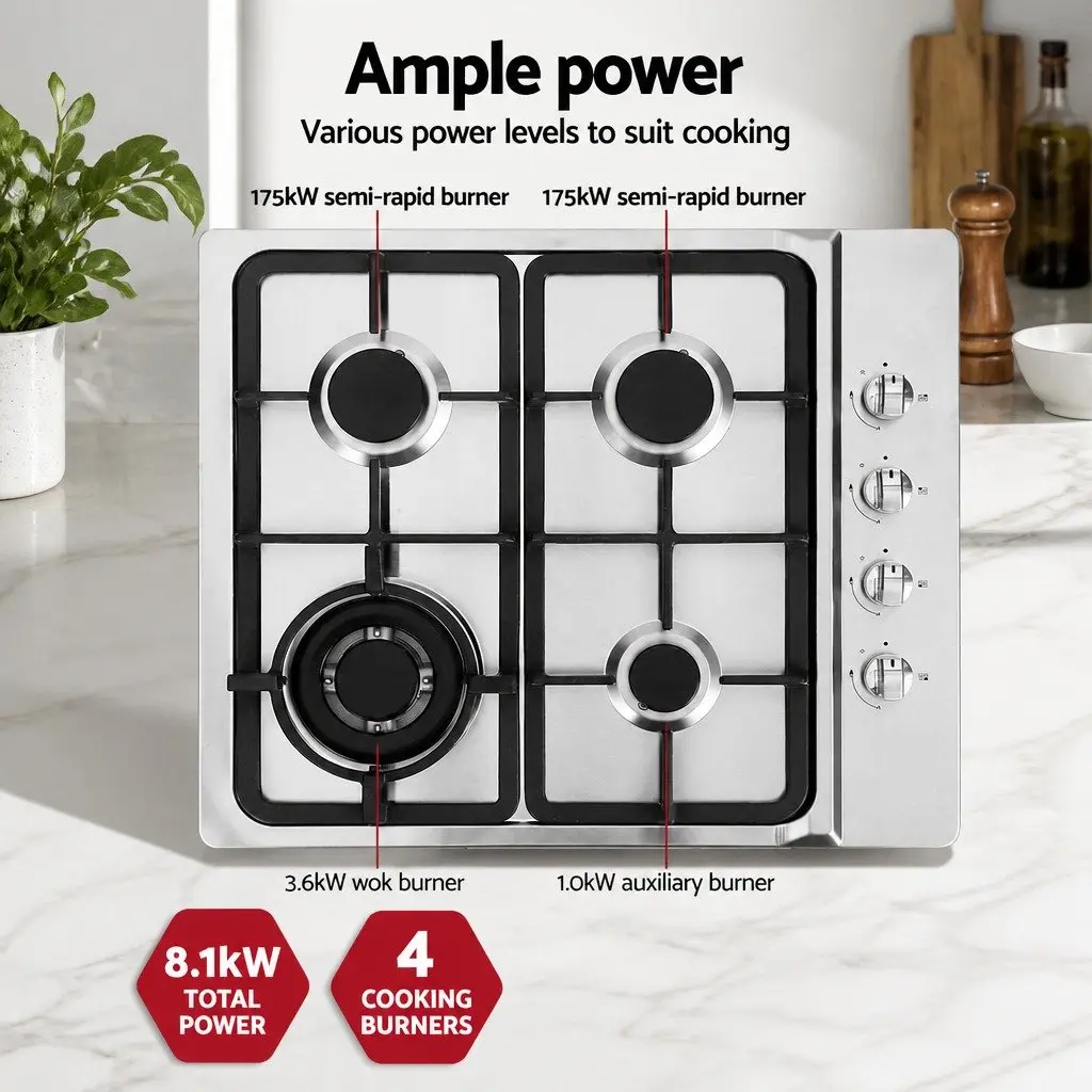 60cm Gas Cooktop 4 Burner Built-in Hob Stainless Steel Stove Knob Silver