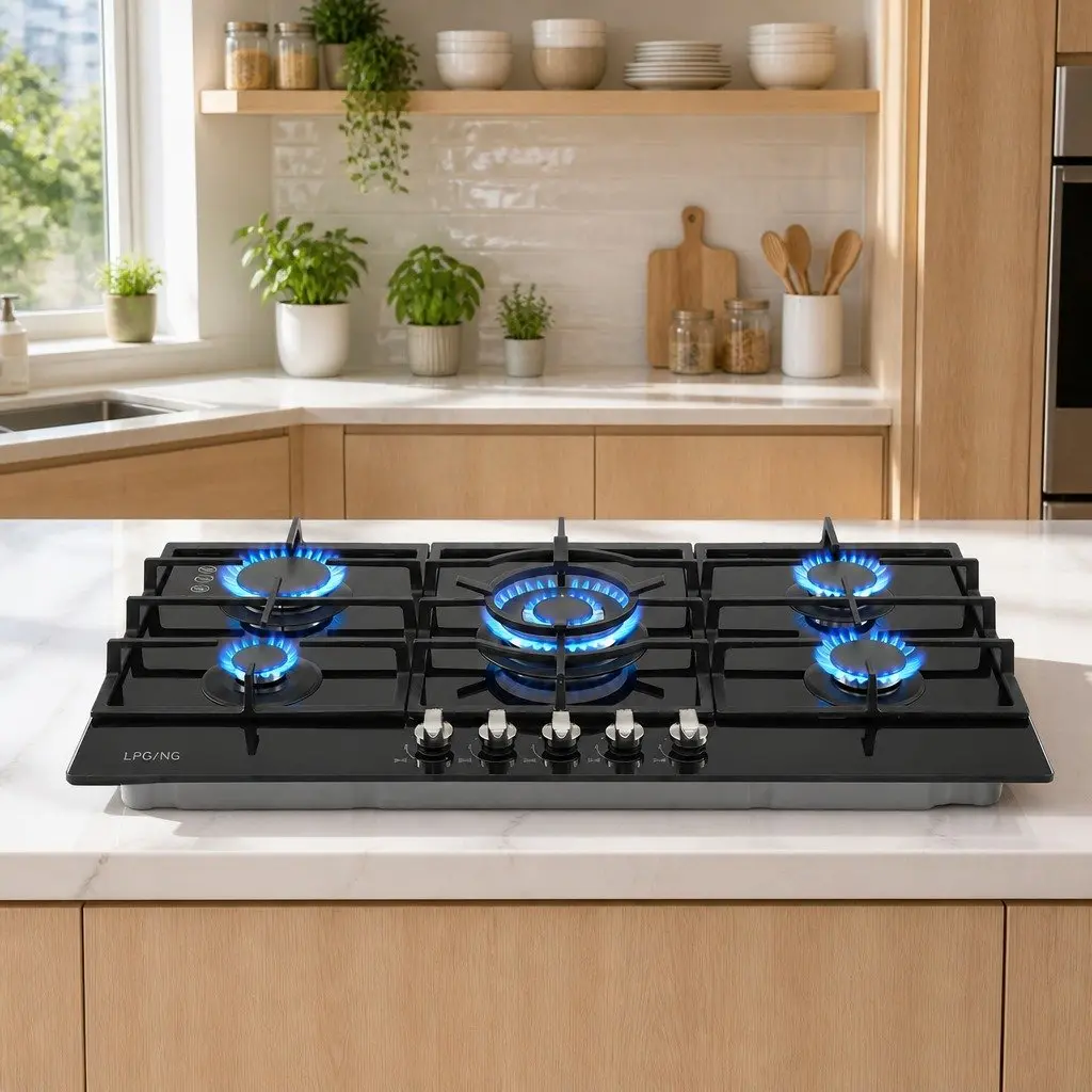 Gas Cooktop 90cm 5 Burner Built-In LPG NG Black Tempered Glass Hob